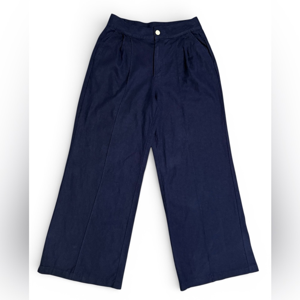Christian Siriano Navy Linen High Waist Wide Leg Trouser Pant